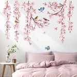 decalmile Cherry Blossom Flower Vine Wall Decals Hanging Floral Tree Branch Birds Wall Stickers Living Room Bedroom Office Wall Decor