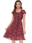 Allegra K Women's Floral Chiffon Flutter Sleeve Belted Square Neck Ruffled Hem Dress Burgundy X-Small