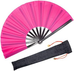 OMyTea Large Rave Folding Hand Fan for Men/Women - Chinese Japanese Kung Fu Tai Chi Handheld Fan with Fabric Case - for EDM, Music Festival, Club, Event, Party, Dance, Performance, Decoration (Pink)