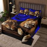 Erosebridal Lion Quilt Set Blue Rose Bedspread Set for Women Men,Wild Animal Flowers Coverlet Set Brown Big Cat Fur Hair Quilted King,African Safari Animals Romantic Floral Room Decor