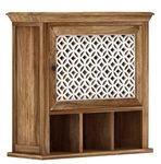 WOODSTAGE Solid Wood Floating Wall Mounted Shelf Rack with Cabinet for Display and Storage for Home Living Room - Natural Finish