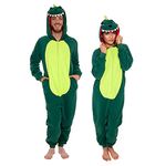 Funziez! Slim Fit Adult Onesie - Animal Halloween Costume - Plush Fruit One Piece Cosplay Suit for Women and Men, Green Dinosaur, XL