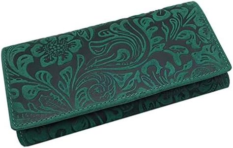 myledershop Large leather womens purse with beautiful liana pattern with fold-out compartment with RFID & NFC blocking, Petrol, standard size, Coin purse