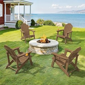 LUE BONA Wood-Grain HDPE Adirondack Chairs Set of 8 - Weather Resistant Outdoor Seating with Cup Holder, Ideal for Cabin, Deck, Fire Pit, Lodge & Rental Property, Brown