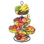 PouHenier.jh 5 Tier Fruit Basket Bowl for Kitchen Counter, Large Capacity Metal Wire Countertop Vegetables Storage Rack, Detachable Produce Stand Holder Organizer for Bread Snack (Black)