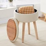 Mxfurhawa Storage Ottoman Linen Round Vanity Stool Tray Top Modern Foot Stool with Wood Legs Multifunctional Upholstered Foot Ottoman Rest for Living Room, Bathroom, Makeup (White)