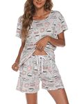 ENJOYNIGHT Women's Pyjama Sets Cotton Printed Nightwear Summer Pjs Set Short Sleeve Top and Shorts with Pockets Drawstring (Large,Grey Cup)