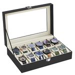 SONGMICS Watch Box with 12 Slots, Watch Case with Glass Lid, Watch Display Box with Removable Watch Pillows, Metal Clasp, Gift Idea, Black Synthetic Leather, Greenish Beige Lining JWB12BE