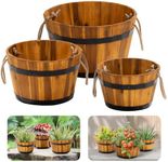 IDZO Set of 3 Wooden Flower Boxes Outdoor, Durable Acacia Wood Barrel Planters for Outdoor Plants with Ergonomic Handles, Drainage Holes, Multiple Sizes Wood Bucket Planter for Home Décor