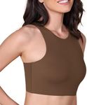 ODODOS Racerback Tank Bra for Women High Neck Non Padded Medium Support Sports Bra Workout Yoga Crop Tops, Brunette, Medium