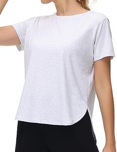 THE GYM PEOPLE Women's Workout T-Shirts Loose Fit Short Sleeve Cotton Running Basic Tee Tops with Split Hem Heather White