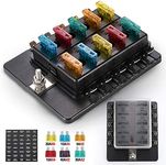 BUNKER INDUST 10-Way Fuse Box Blade Fuse Block Holder with LED Indicator for Blown Fuse Waterpoof Protection Cover for Car Boat Marine Automotive,Include 20Pcs Blade Fuses and 1Pcs DIY Sticker