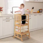 COSYLAND Kids Kitchen Step Stool, Height Adjustable Toddler Standing Tower Nursery Helper with CPC & FSC Certification, Removable Safety Railing Enjoys Exclusive Paten，Pale Yellow