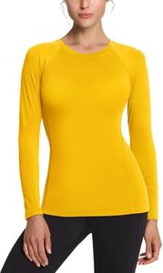 TSLA Women's Sports Compression Shirt, Cool Dry Fit Long Sleeve Workout Tops, Athletic Exercise Gym Yoga Round Neck Shirts FUD11-YLW_Medium