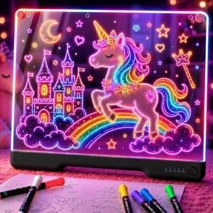 16-Inch Rechargeable LED Drawing Board, 9-Color Light Modes, Neon Art Dry Erase Light Up Doodle Glow Pad with Built-in Stand, Sketching Gift Toy for Kids/Girls/Teens, 5 Markers & Tracing Book
