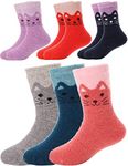 Sandsuced Kids Warm Merino Wool Socks for Walking Boys Girls Toddlers Thermal Winter Hiking Thick Heavy Cosy Stocking Fillers Kids Socks for Boys Girls Boot Cabin Crew Gift Socks 6 Pairs (Cat,4-7 Y)