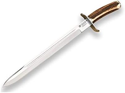 Joker Cuchillo Deportivo Chamoís CC30 con puño de Ciervo, Hoja MOVA de 33 cm. con Funda de Cuero, 360 Gramos, Herramienta de Pesca, Caza, Camping y Senderismo