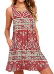 AUSELILY Women's Summer Sleeveless Crew Neck Floral Casual Tank Dress with Pockets Boho Red,M