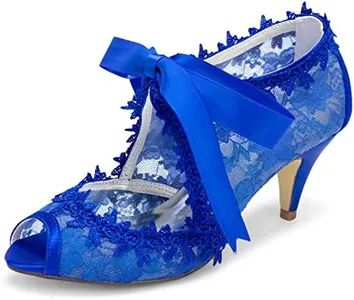 JIAJIA Women's Bridal Shoes 5949419 Peep Toe 2.6" Cone Heel Lace Satin Pumps Ribbon Tie Wedding Shoes Colour Blue,Size 8 B(M) US/39 EU