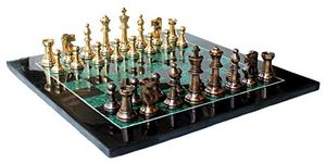 StonKraft Collectible Black Marble and Malachite Stone Chess Board Set + Brass Chess Pieces Pawns - Decorative Stone Chess - Home Décor - 15" Inches