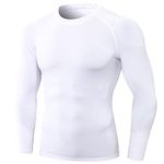 White Men's Compression Shirts Long Sleeve Cooling Running Top Workout Gym Shirts Sports Baselayer Crew-Neck