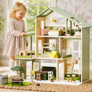 Tiny Land Wooden Doll House, Modern Family Dollhouse with Realistic Design