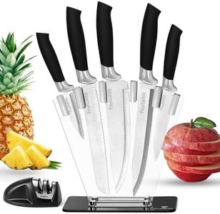 Fruitalite 7-Pieces Kitchen Knife Set with Stand & Sharpener- Heavy Duty Stainless Steel Blades with Non-Stick Coating | Premium Build | Professional Sharp Chef Knives | Non-Slip Handle- Silver