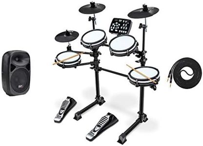 LyxJam 7-Piece Electronic Drum Kit, Drum Set with Real Mesh Fabric, 209 Preloaded Sounds, 50 Play-Along Songs, Cymbals & Kick Pedal, Drum Sticks With SPA8 Active Speaker & 15 FT Qtr to Qtr Cable