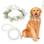 Dog Wedding Flower Collar with Pearls Beaded Leash,Elegant Dog Flower Headband,Dog Wedding Attire Wreath Bow,Pet Photo Prop (Large)