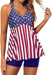 Yonique Two Piece Tankini Swimsuits for Women with Shorts Halter V Neck Bathing Suits Flowy Twist Front Swimwear, American Flag, Small