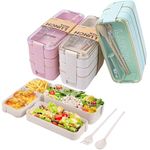 3 Packs Bento Box for Adults & Kids, Wheat Straw 3-in-1 Compartment Japanese Lunch Box with Spoon and Fork, Stackable Meal Prep Containers for Lunch, BPA-Free (Green/Pink/Beige)