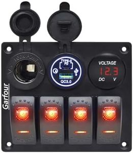 Garfour Marine Waterproof Red Boat Switch Panel Aluminium Panel with 12V Voltmeter Type-C and QC3.0 USB Charging Socket Rocker Witch Panel for Car Boat