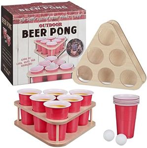 Relaxdays Beer Pong Set, Kit da 12 Bicchieri con 2 Supporti e 2 Palline, Gioco Alcolico Solo per Adulti, Rosso Naturale
