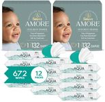 Pampers Amore Diapers Size 1, 2 x 132 Count, with Pampers Aqua Pure Water Based Baby Wipes 12X Flip-Top Packs (672 Count)