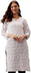 Ada Indian Handmade Faux Georgette Chikan Kurta Kurti Tunic for Women XL95485 White