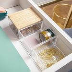 Martha Stewart Brody Plastic Storage Organizer Bins with Paulownia Wood Lid for Home Office,-Kitchen, or-Bathroom, 3 Pack Small, 3.75" x 3", Clear/Light Natural