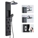 KEOKBON Black Tower Shower Panel System with Niche Storage Complete, Height Adjustable 20cm Round Shower Head, with 6 Body Jets Hand Tub Spout, 3 in 1 120cm Shower System Panel