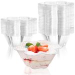 SOUJOY 100 Pack Plastic Ice Cream Bowls, 8.5Oz Clear Flower Appetizer Cup, Dessert Serving Bowl for Sundae, Chocolate Desserts, Appetizers, Dessert Samplers, Dessert Shot Glasses