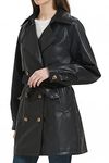 RISISSIDA Women Faux Leather Long Jacket Double Breasted, Vegan Pleather Mid Length Coats with Belt Black L
