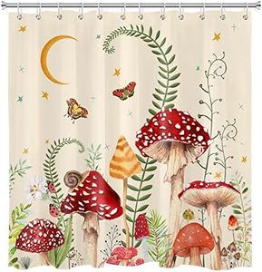 EOBTAIN Mushroom Shower Curtain Retro Mushrooms Butterfly Floral Boho Moon Stars Botanical Wildflowers Green Plant Aesthetic Bathroom Curtain 69x70Inch Waterproof Fabric Durable Washable with 12 Hooks
