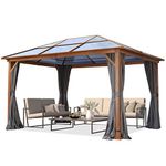 TOOLPORT Garden gazebo 3x4 m hardtop polycarbonate roof, wood finish, 4 side panels in grey