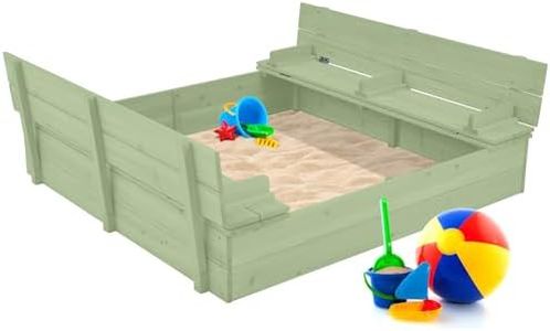 Best Choice Products Large Outdoor Wooden Sand Box for Kids, Sandbox with Cover, Bench Seats Support up to 220 lbs, Bottom Liner for Drainage, Cedar Wood - Sage