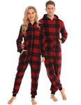 SWOMOG Family Matching Christmas Pjs One Piece Pajamas Soft Fleece Onesie Zip-up Jumpsuit with Pockets Pjs Womens Black and Red Plaid Medium