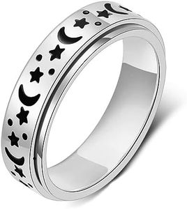 Spinner Ring Fidget Ring Stress Relieving Ring Moon Star Stainless Steel Rotating Star Couple Rings Wedding Promise Rings Valentine's Day Gift (8, Silvery)