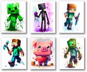 PrintVibee® - Mining Fun Wall Art Pixel Mine Posters for Boys Room – Miner Gamer Themed Wall Decor – Unframed Set of 6 Prints, 8x10 Inch, Unique Watercolor Painted Gaming Wall Art Room Decor for Boys,