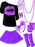 Women's 80s Costume Accessories Set, Lips Print T-Shirt Adult Tutu Skirt Lace Headband Neon Earrings Necklace Leg Warmers Fishnet Gloves Bracelet (Purple, S)