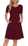 AUSELILY Ladies Summer Short Sleeve Pleated Loose Swing Casual Dress with Pockets Knee Length Wine Red L