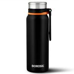 Borosil Hydra Aquafit 830 ml Black Stainless Steel Water Bottle | Double Wall Vacuum Insulated Thermo Flask | 14 hrs Hot & 16 hrs Cold | Leakproof, Wide Mouth, Strap | Bottle for Gym, Office, School