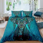 Elephant 3D Print Bedding Set 2 pieces Comforter Cover Indian Ethnic Style Mandala Flowers Duvet Cover Boho Exotic Soft Microfibre Bedding Set with 1 Pillowcases, Colorful, Zipper - Green,Single