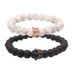 UEUC Distance Couple Bracelet with CZ Crown King&Queen Black Matte Agate & White Howlite 8mm Beads Bracelet